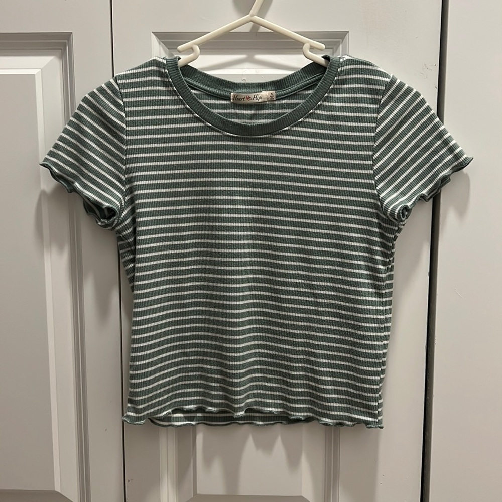 Mint green and white striped t-shirt.